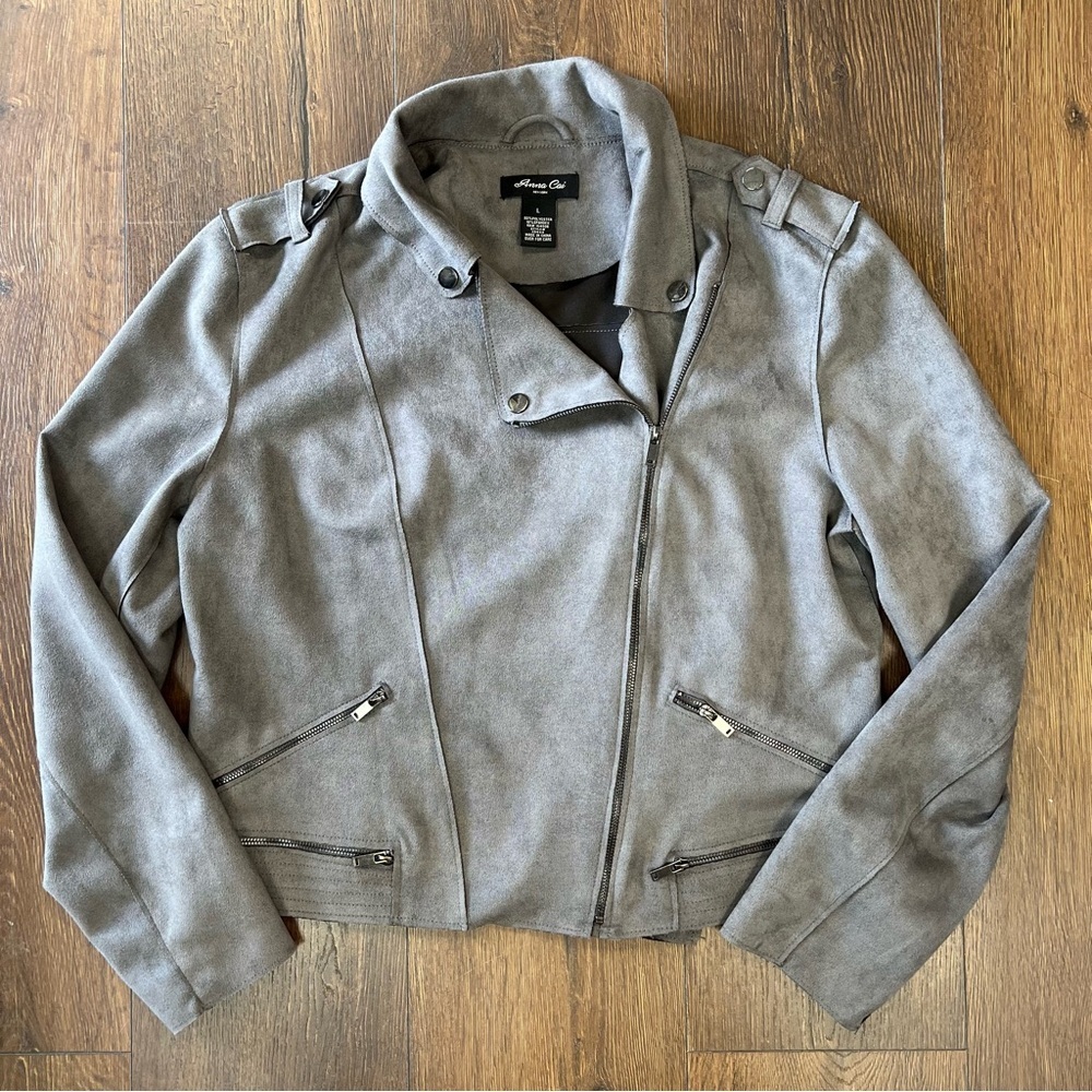 Anna Cai‎ gray fox suede Moto jacket SZ LG